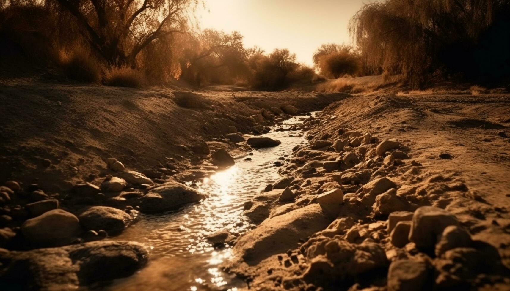 Tranquil sunset over wet forest reflects beauty generated by AI photo