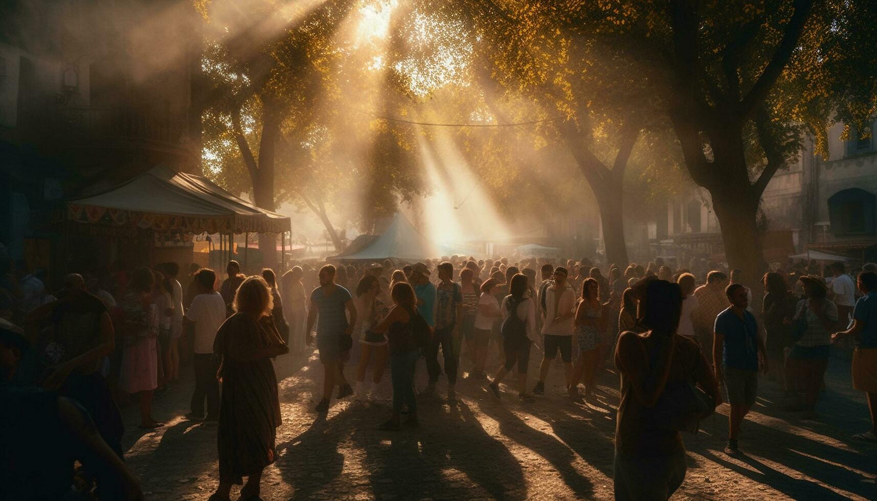 Large crowd walks towards illuminated music festival stage generated by AI photo