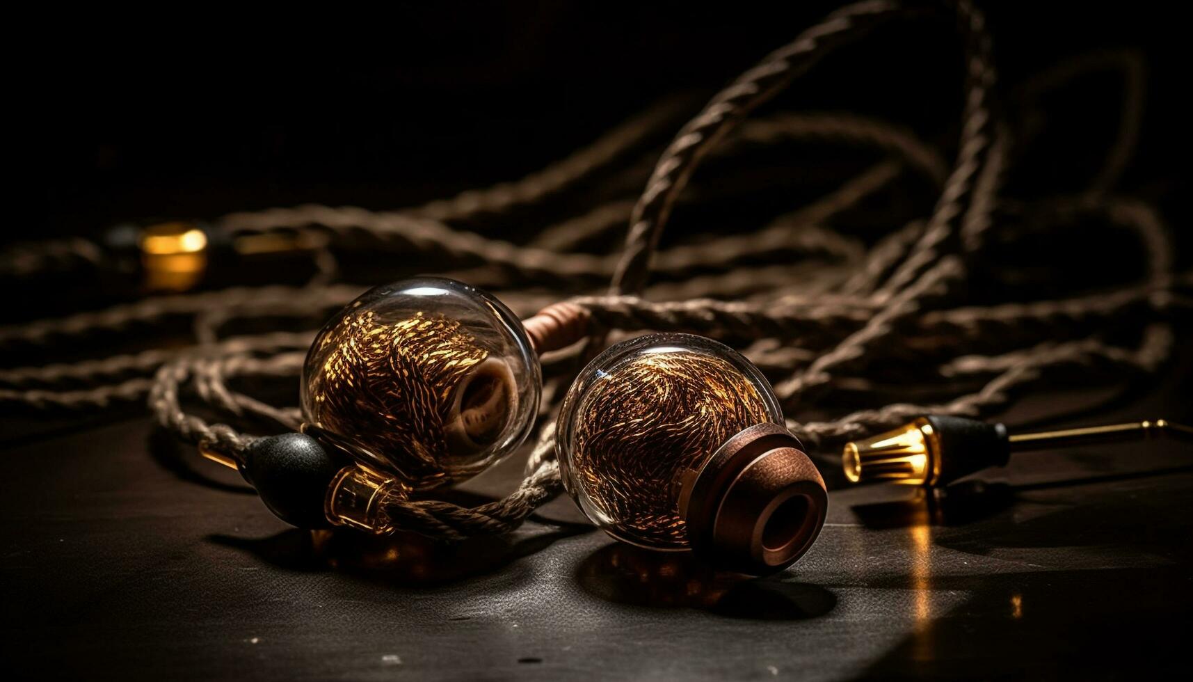 Shiny gold necklace on dark wooden table generated by AI photo