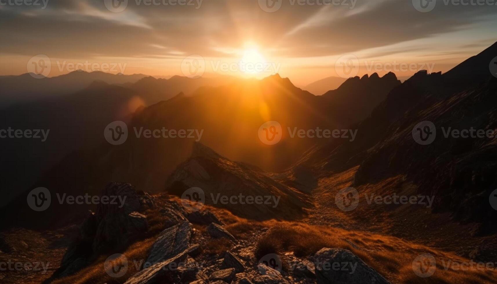 Majestic mountain range, tranquil sunset, panoramic beauty generated by AI photo