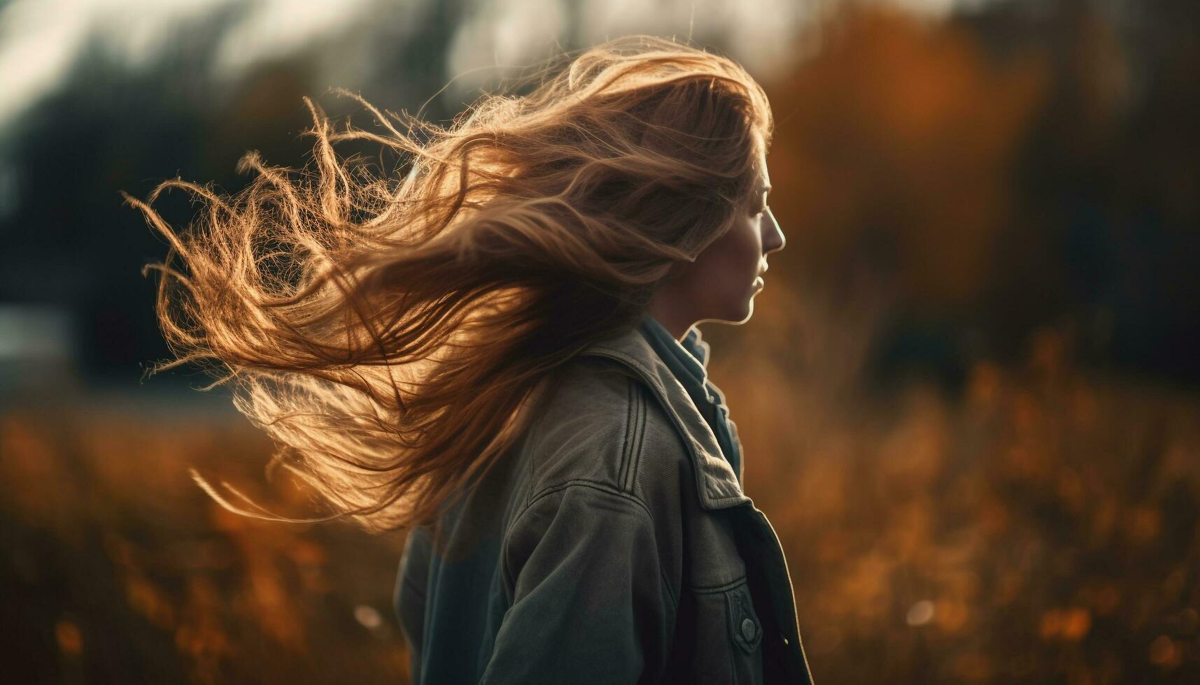 Young woman enjoying autumn beauty in nature generated by AI photo