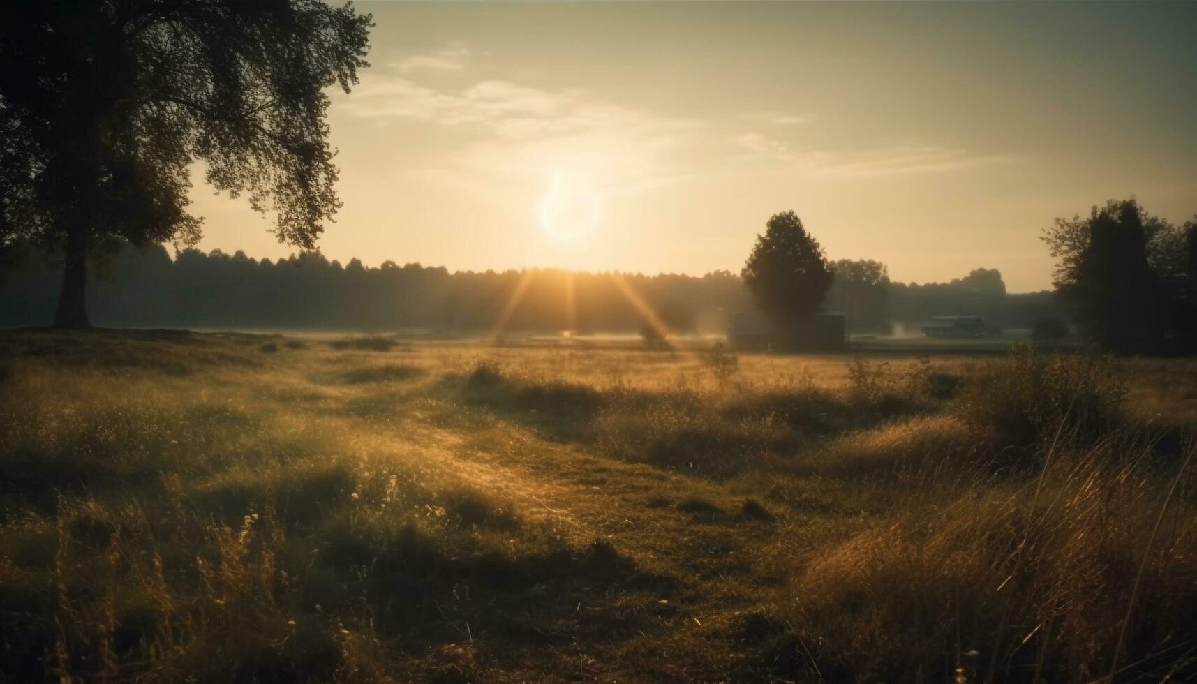 Sunset silhouette of tree on rural meadow generated by AI photo