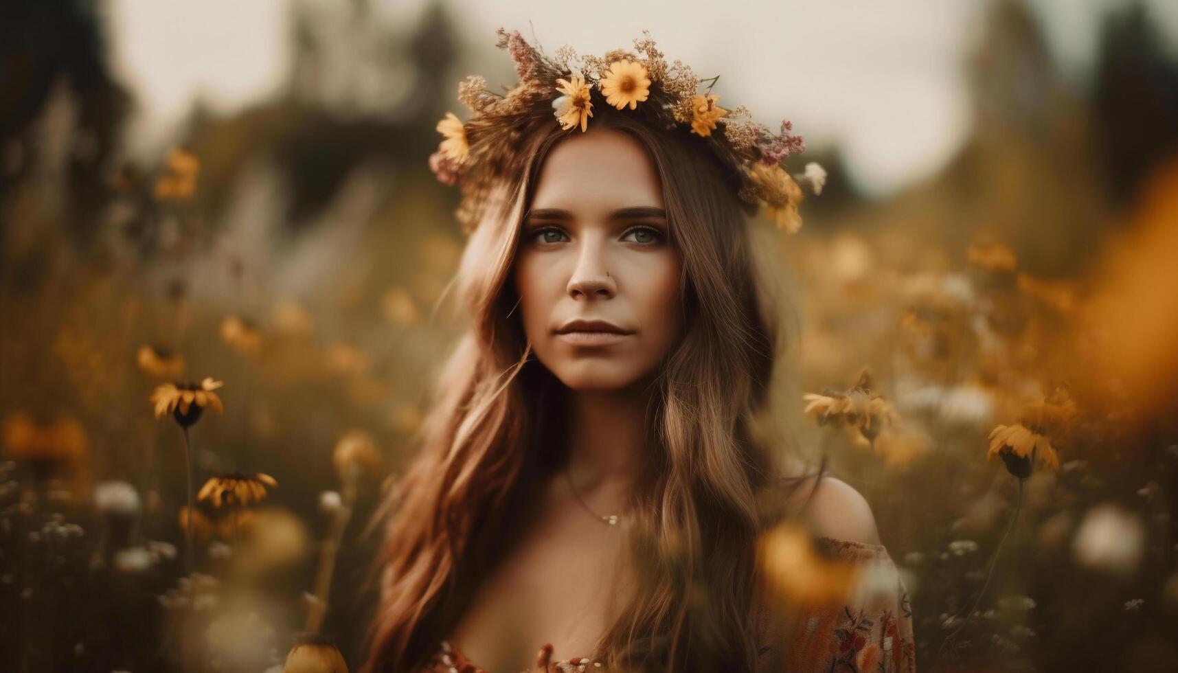 Young woman enjoys nature beauty at sunset generated by AI photo