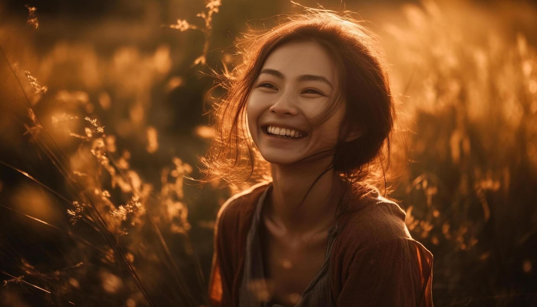 Young woman smiling in nature beauty generated by AI photo