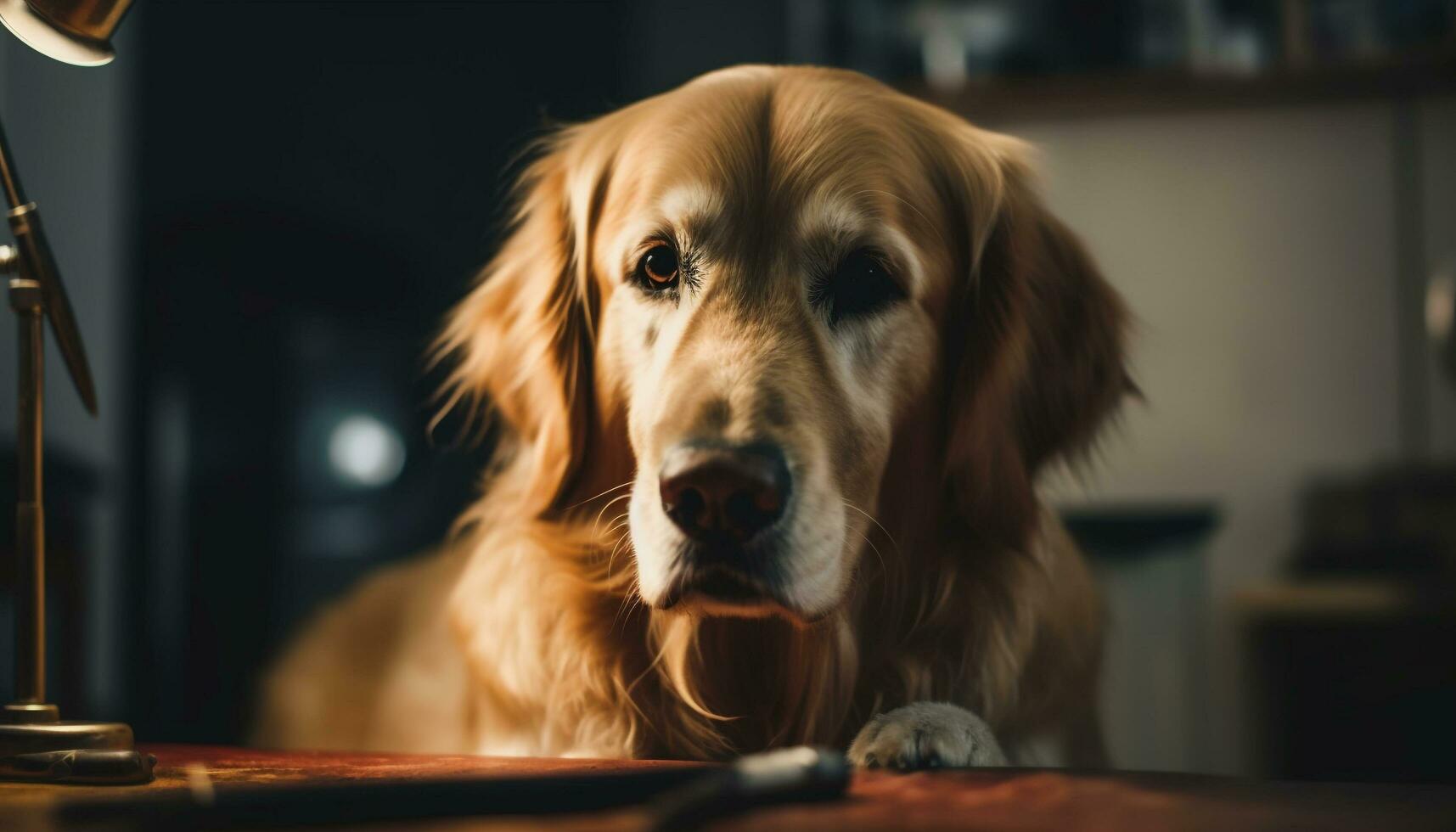 dorado perdiguero perrito sentado en mesa adentro generado por ai foto