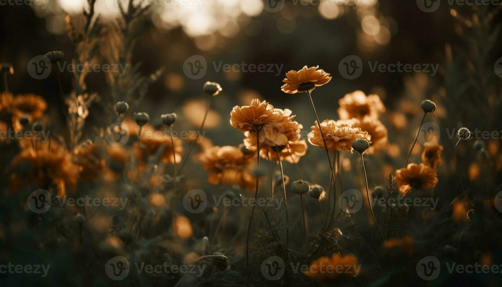 Sunset meadow, wildflowers bloom in nature beauty generated by AI photo