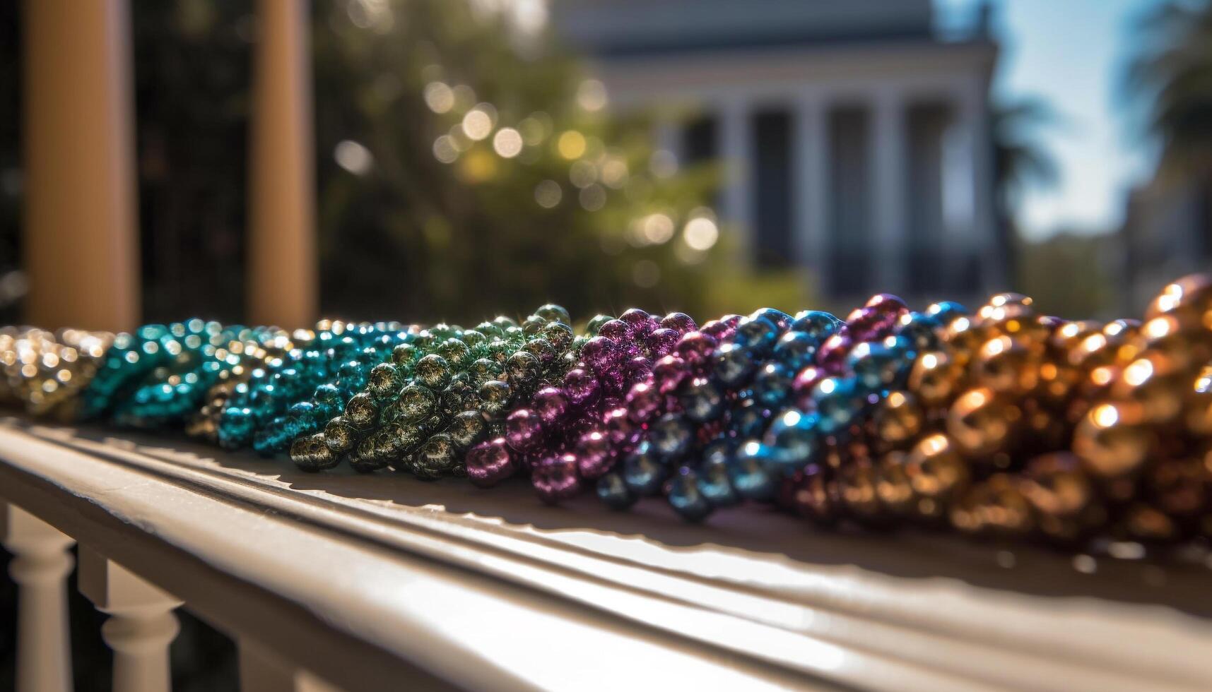 Golden necklace shines on green table outdoors generated by AI photo