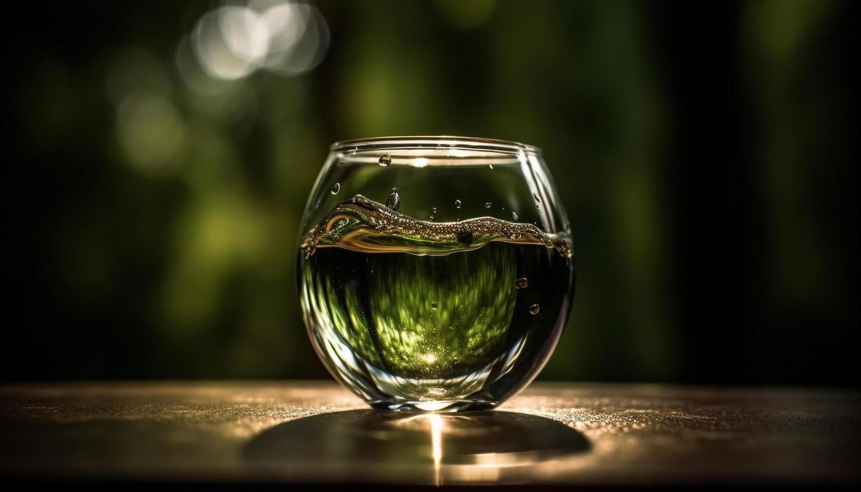 Whiskey glass on wood table, alcohol refreshment generated by AI photo