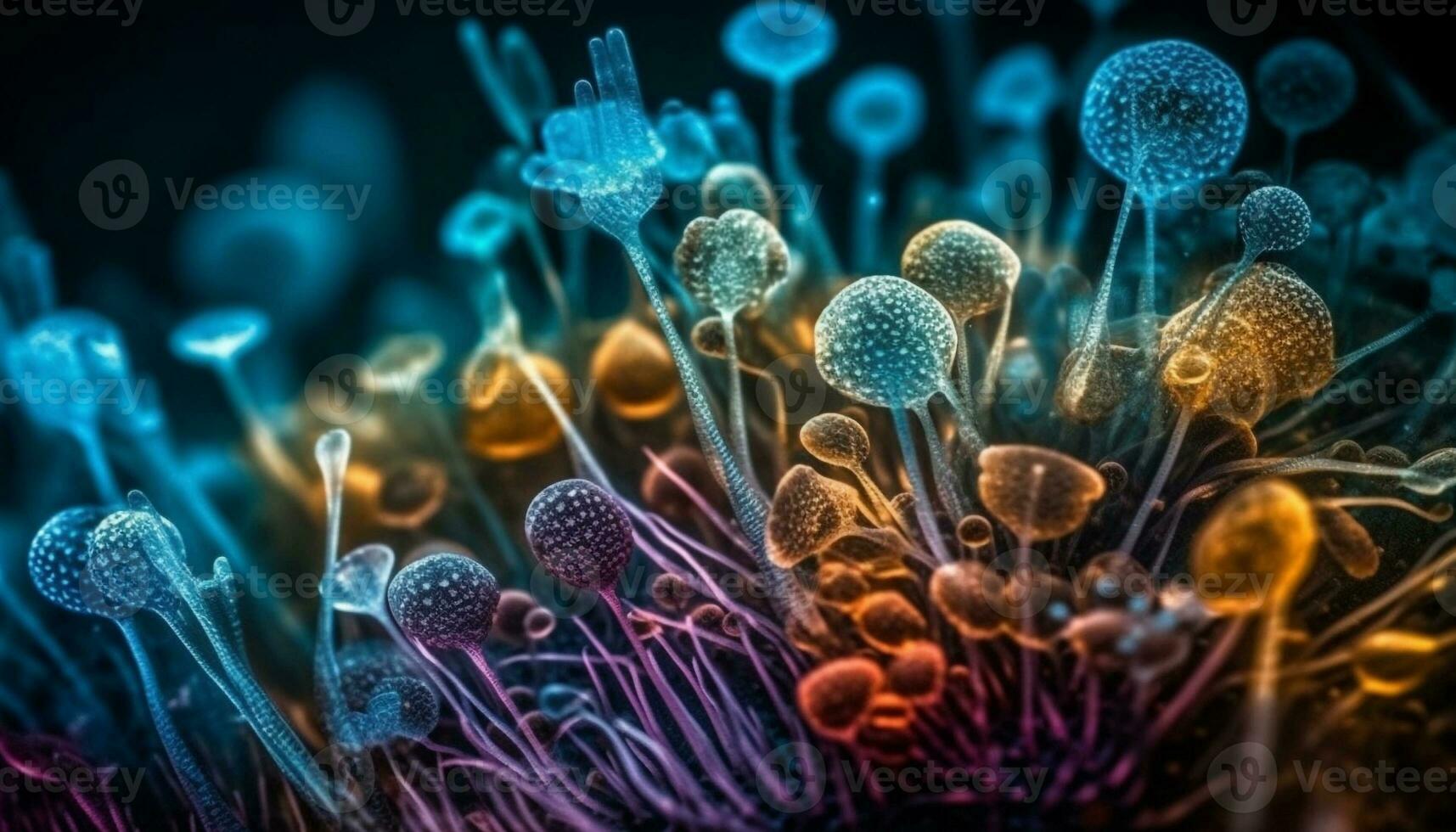 Cancer cell magnified in blue underwater reef generated by AI photo