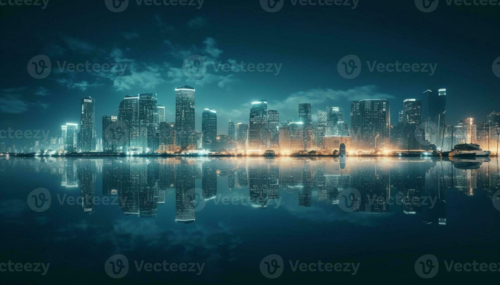 Modern skyline reflects on waterfront, lit and glowing generated by AI photo
