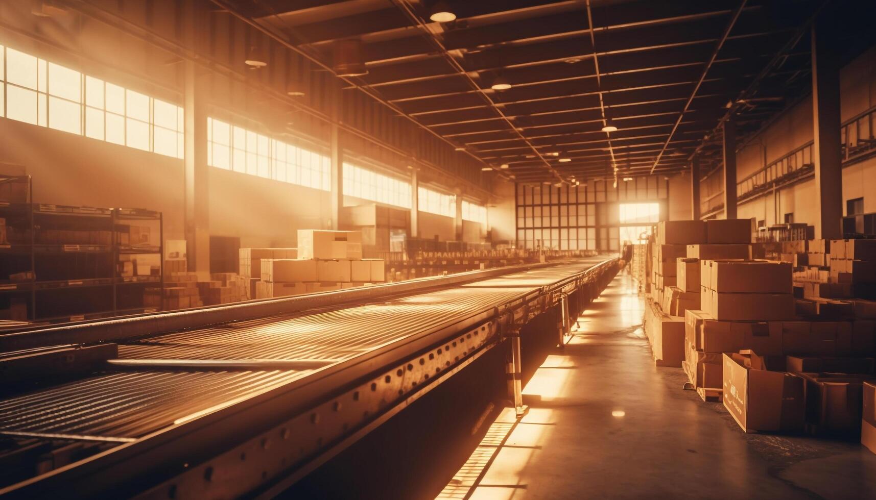 Empty distribution warehouse, modern machinery in motion generated by AI photo