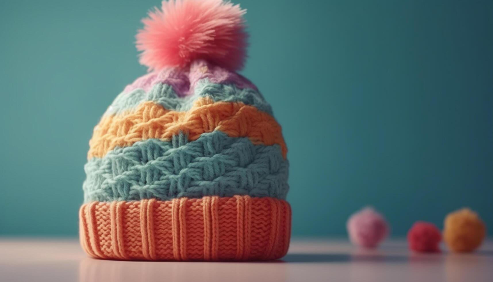 Warm handmade blue knit hat with pom pom generated by AI photo