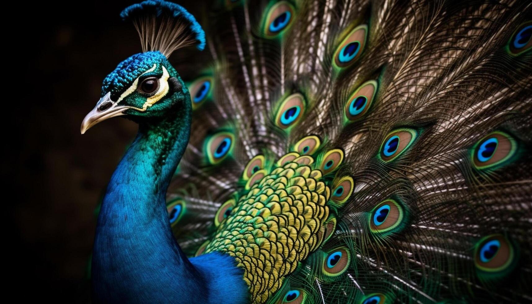 Majestic peacock with vibrant multi colored feathers generated by AI photo