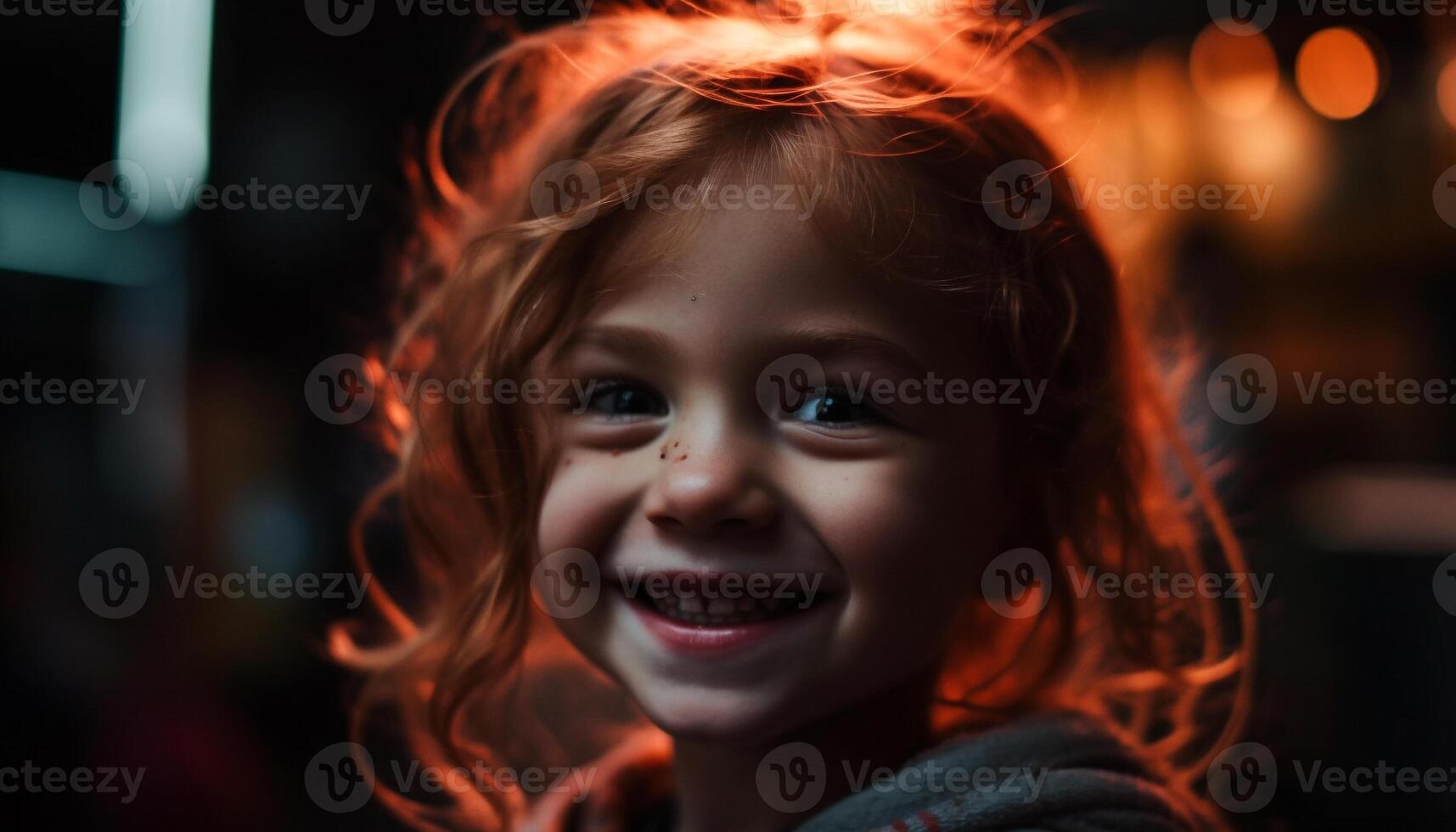 Cute child smiles in illuminated dusk portrait generated by AI photo