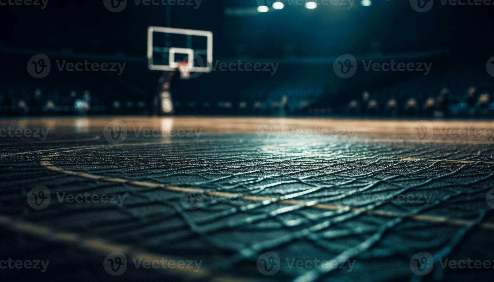 Bright basketball hoop illuminated in dark spotlight generated by AI photo