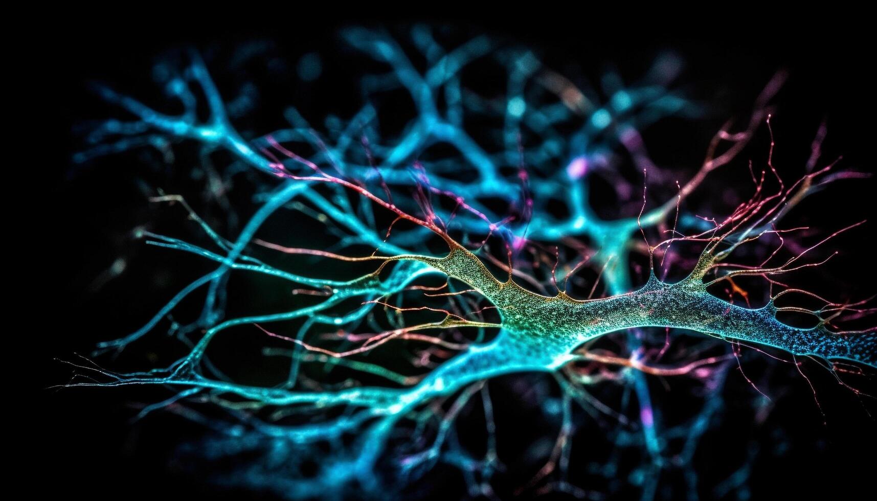 Glowing nerve cells communicate through synaptic connections generated by AI photo