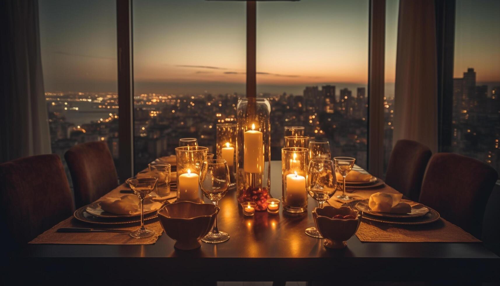 Candlelight illuminates luxurious dusk cityscape celebration meal generated by AI photo