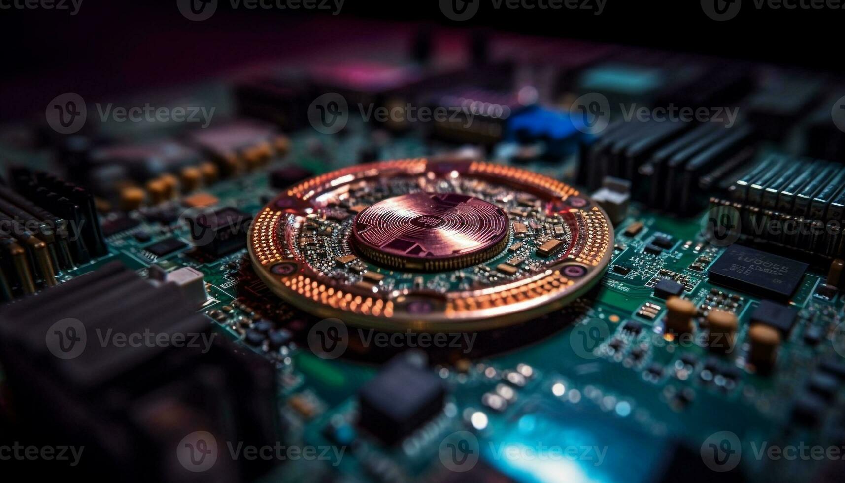 Inside the computer, intricate circuitry connects components generated by AI photo