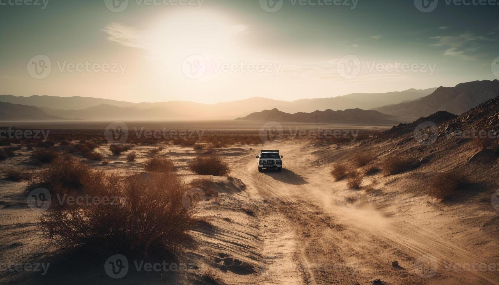 Off road vehicle speeds through dust covered mountain range generated by AI photo