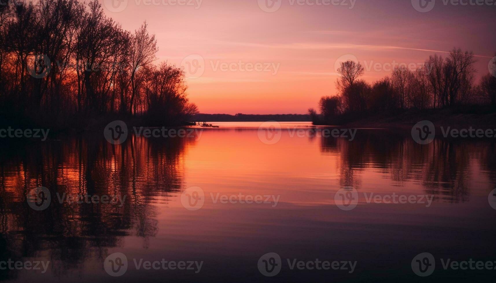 un tranquilo puesta de sol reflexión terminado el agua generado por ai foto