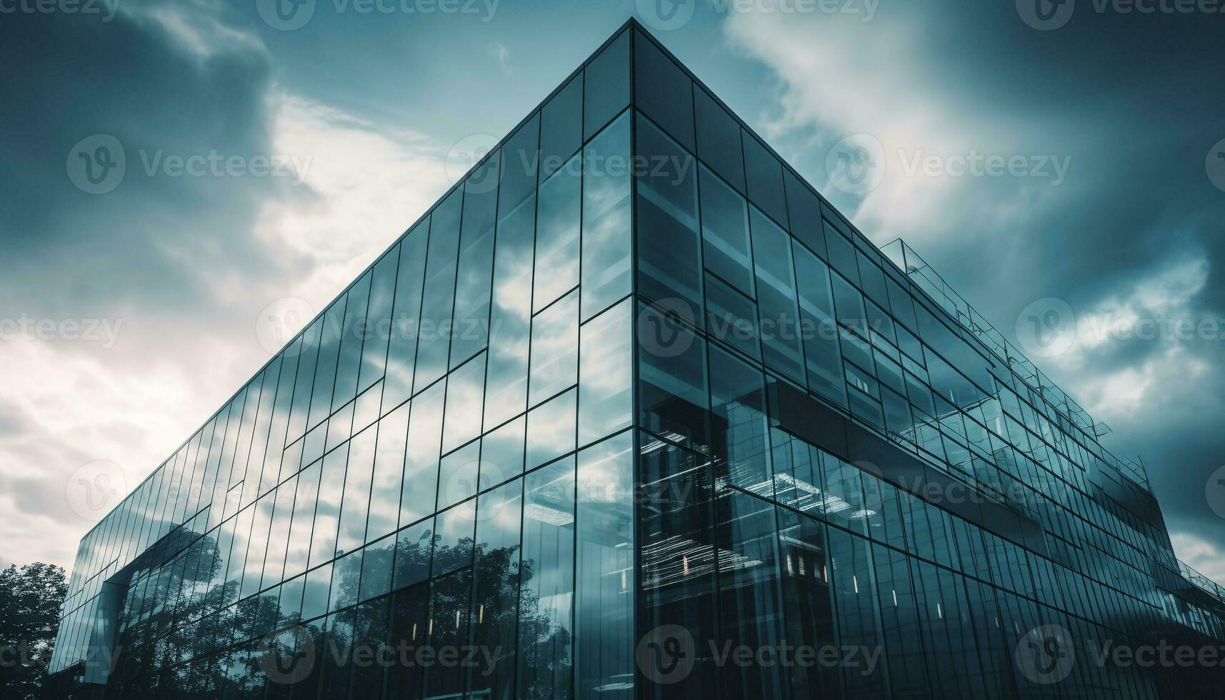 Tall modern building reflects abstract cityscape pattern generated by AI photo