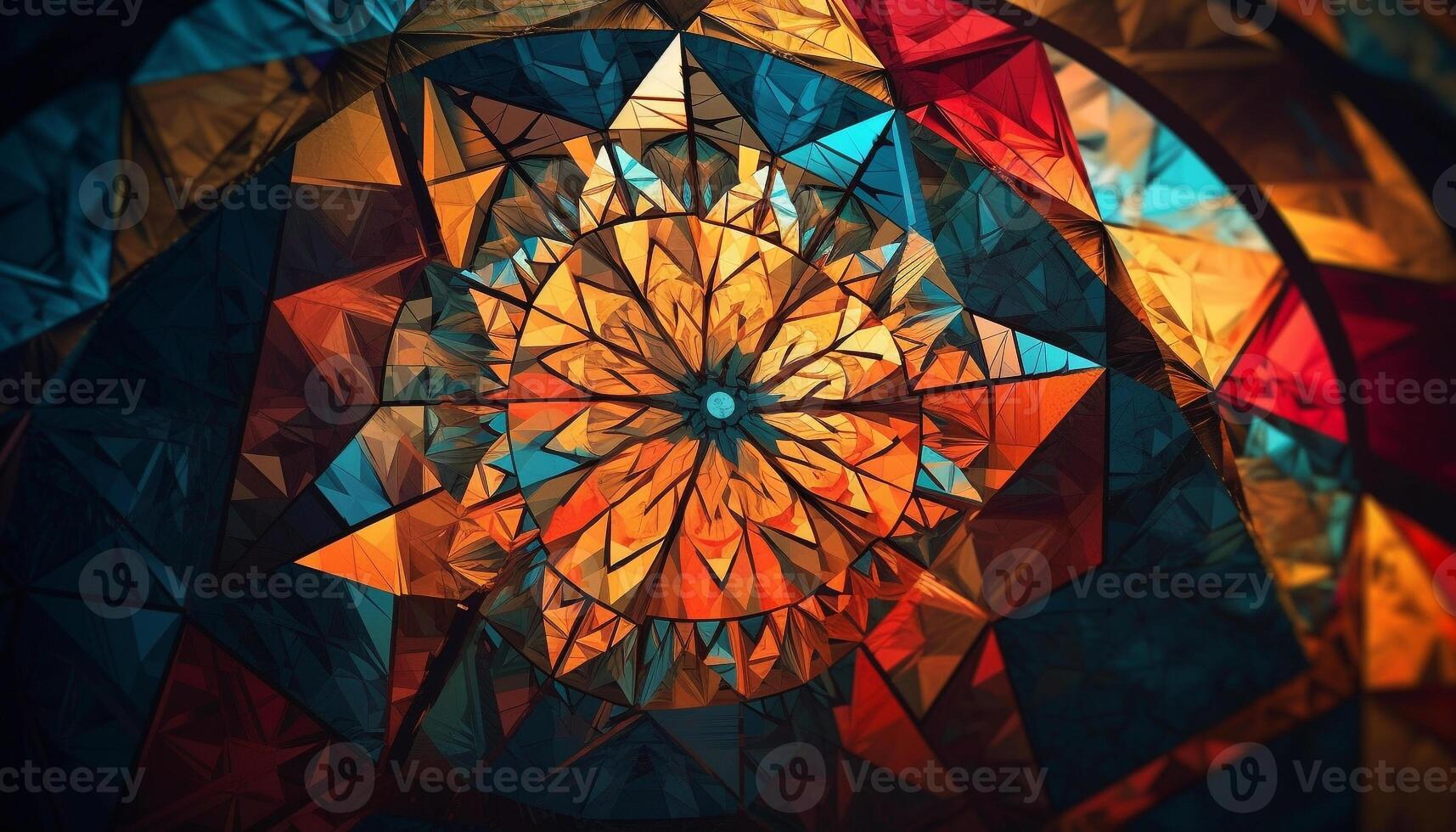 Vibrant colors shine through the ornate stained glass generated by AI photo