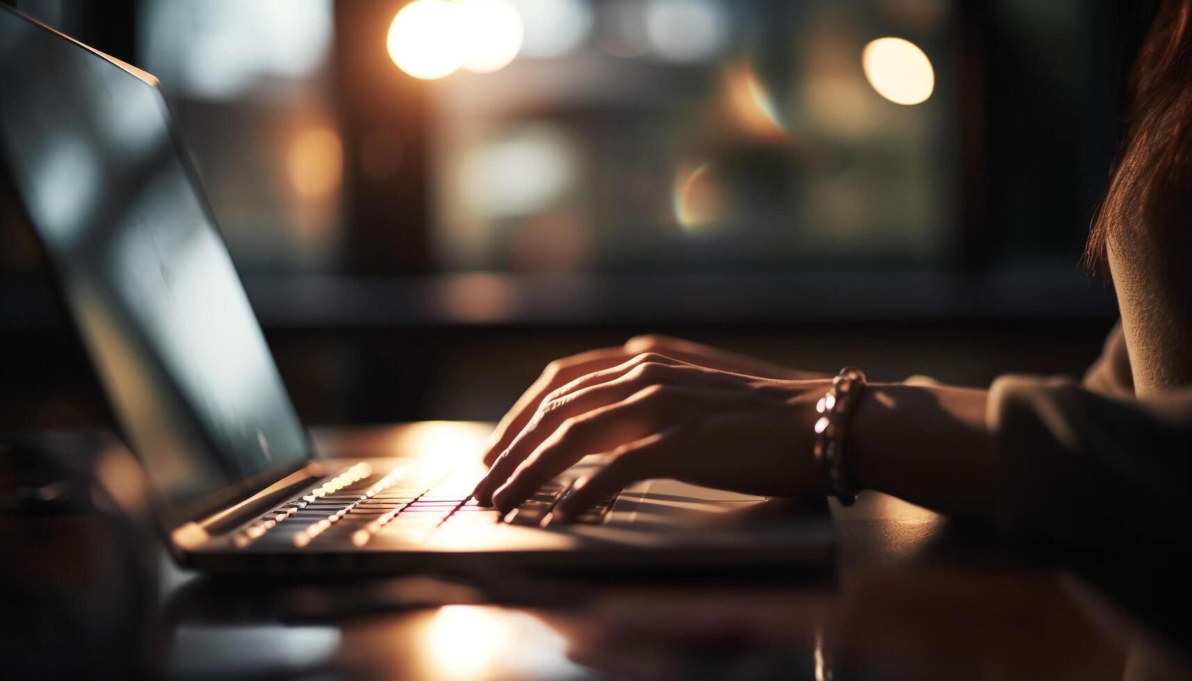 Young adult typing on laptop, business person working generated by AI photo