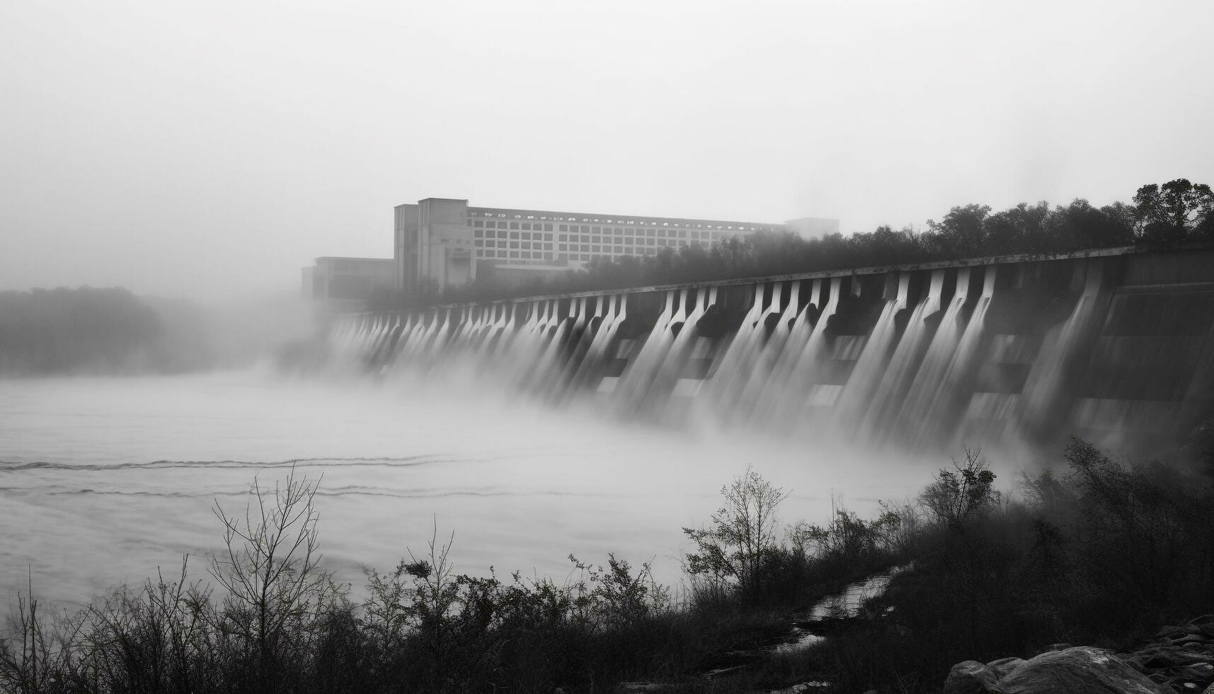 Hydroelectric power station generates electricity using water flow generated by AI photo