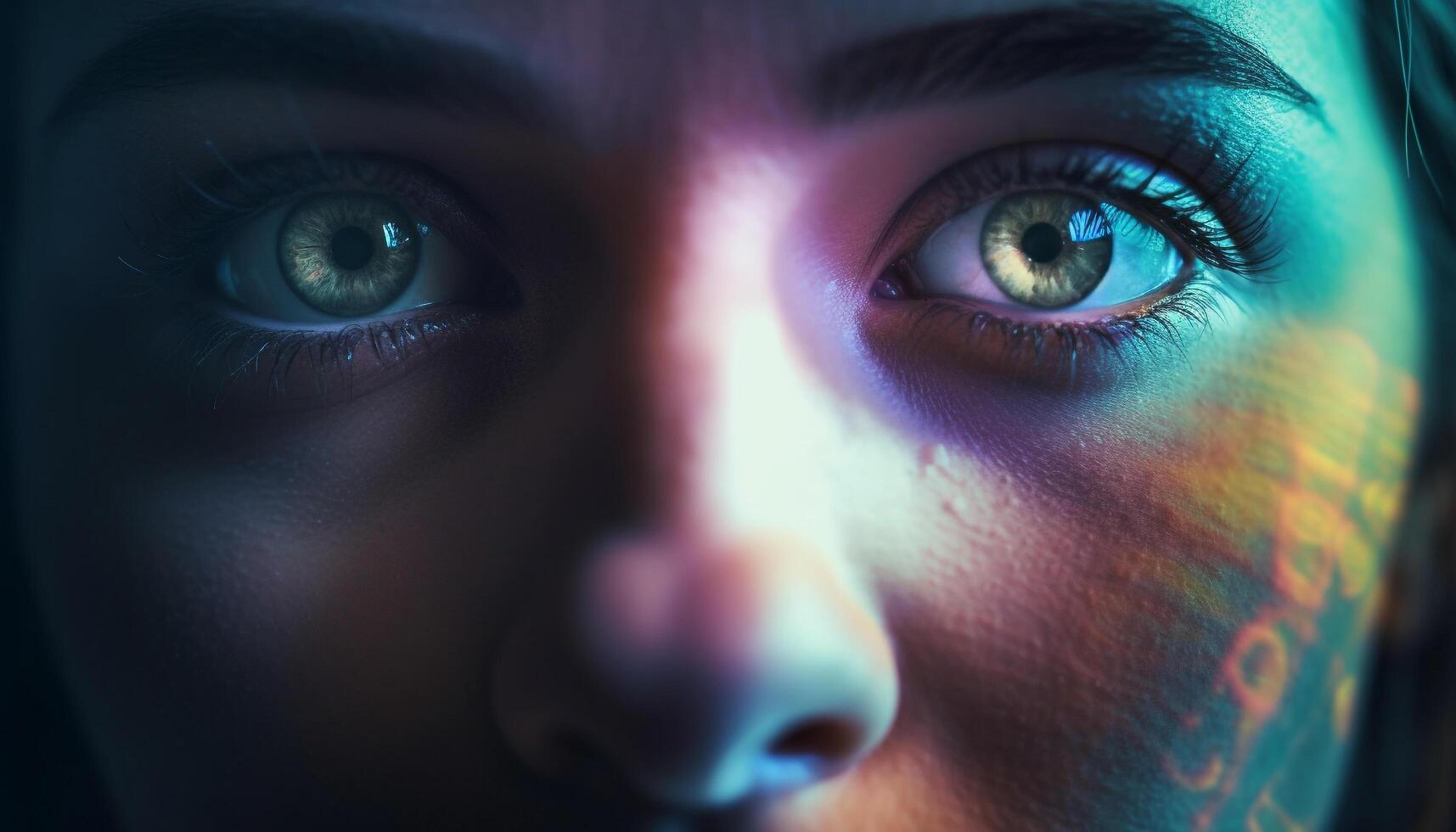 Beautiful human eye, blue iris, glowing portrait generated by AI photo