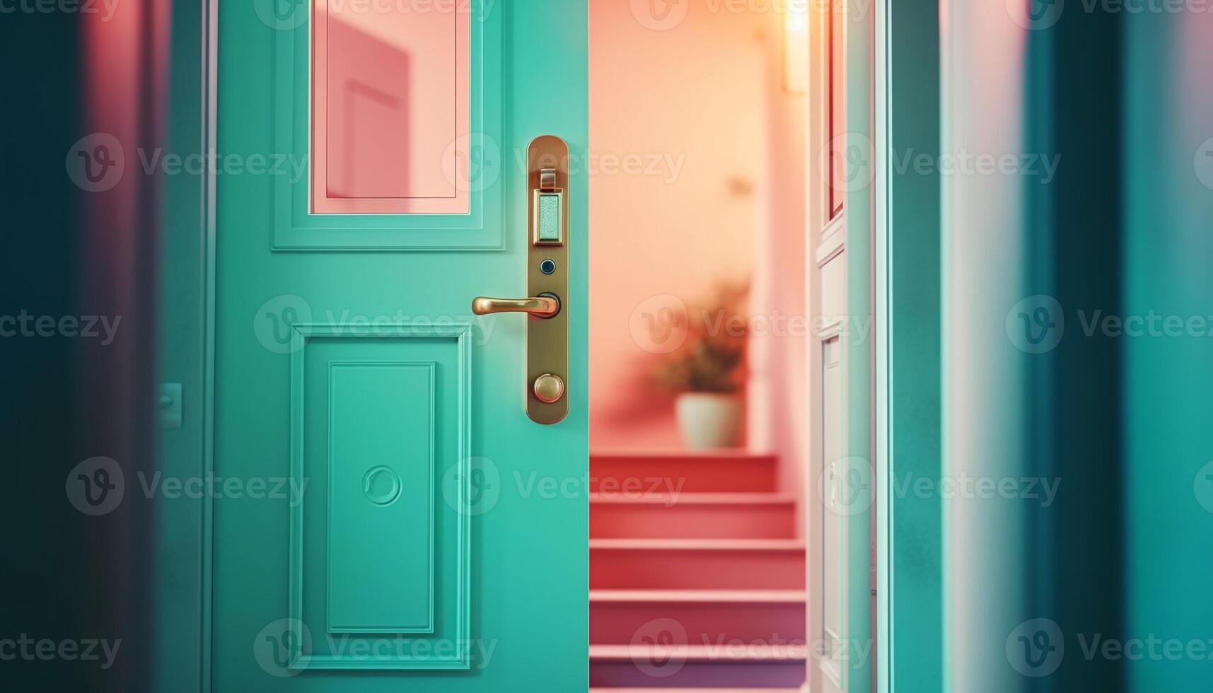 elegante acero Entrada con verde antecedentes al aire libre generado por ai foto