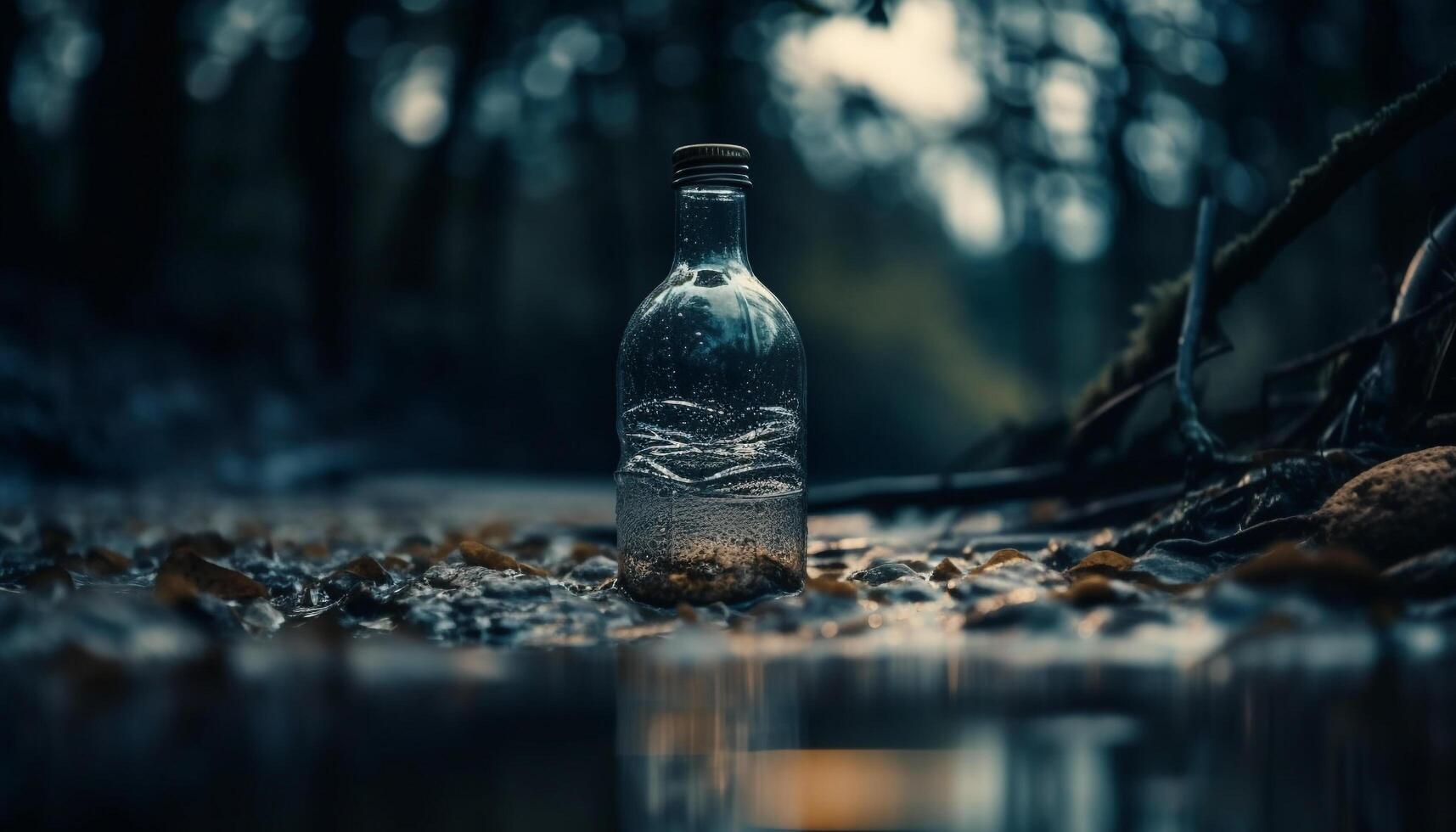 Refreshing liquid in plastic bottle reflects forest environment generated by AI photo