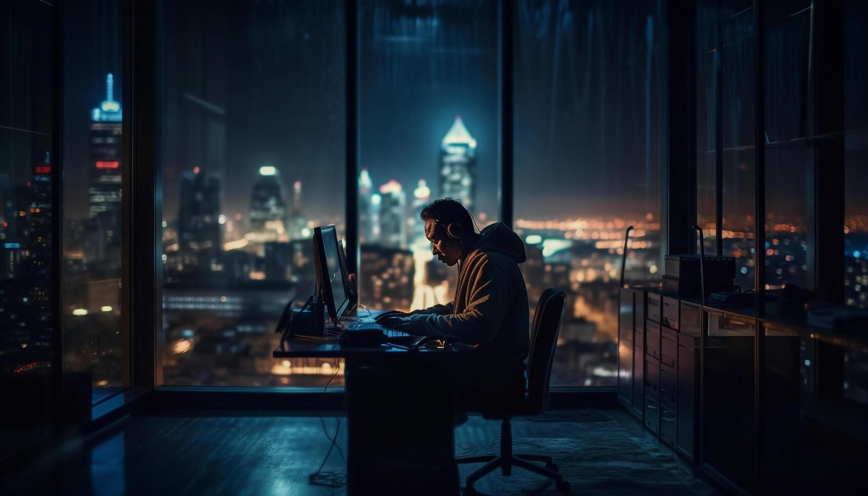 City businessman using laptop at skyscraper office generated by AI photo