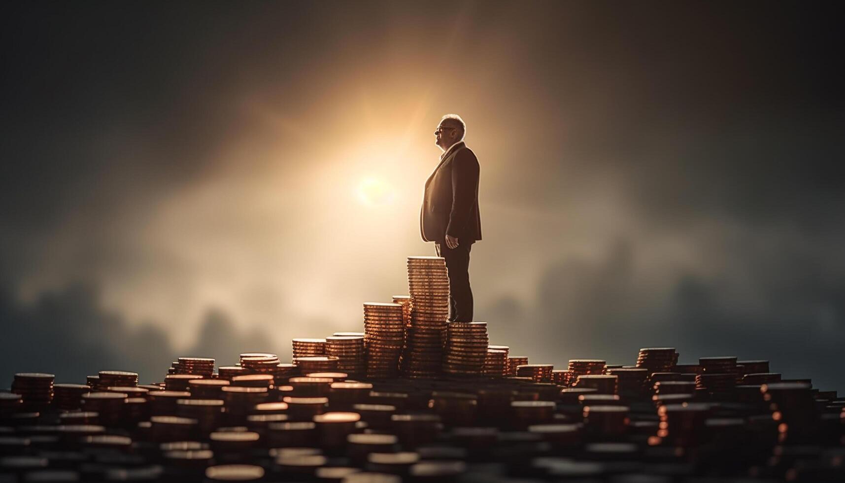Businessman stands atop skyscraper, looking towards sunset generated by AI photo