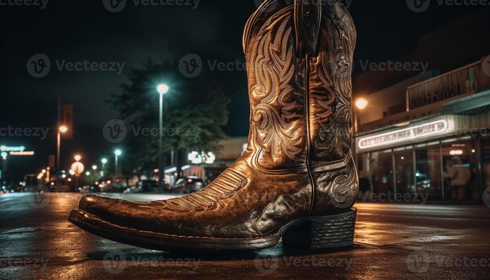 Shiny leather boots illuminate the night streets generated by AI photo