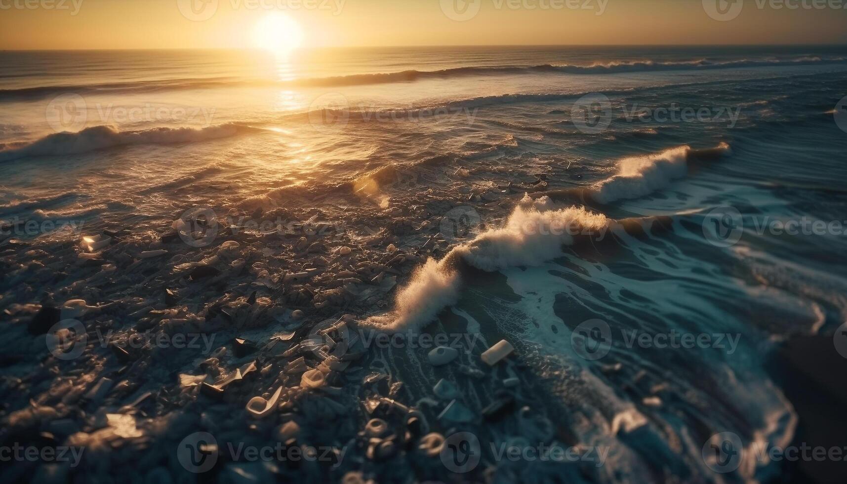 tranquilo oscuridad, rotura olas reunirse puesta de sol belleza generado por ai foto