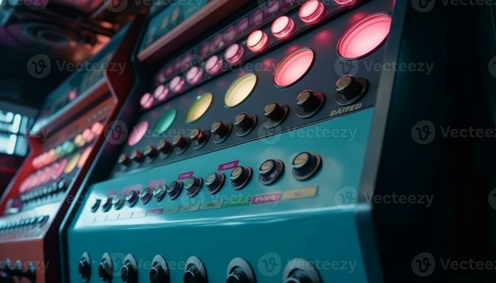 Illuminated control panel, blue knobs turning machinery generated by AI photo