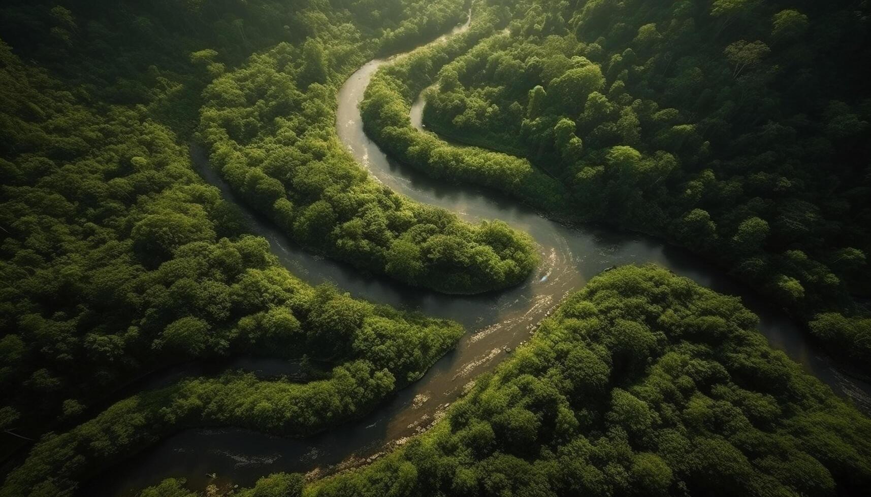 Green landscape with trees near flowing water generated by AI photo