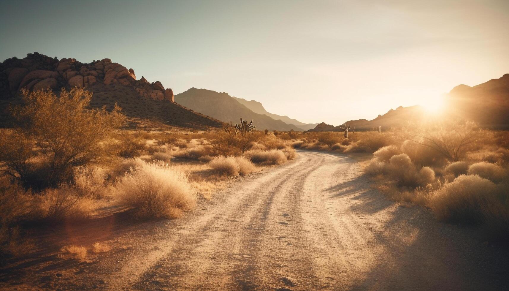 Mountain range in tranquil sunset, dusty road trip generated by AI photo