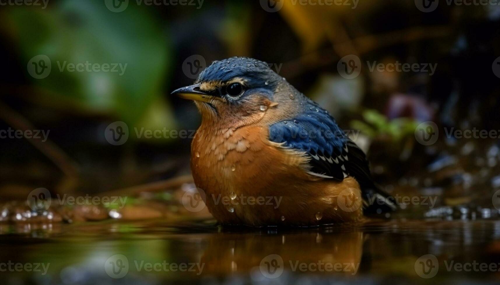 Yellow beak perching on branch in tranquil pond generated by AI photo