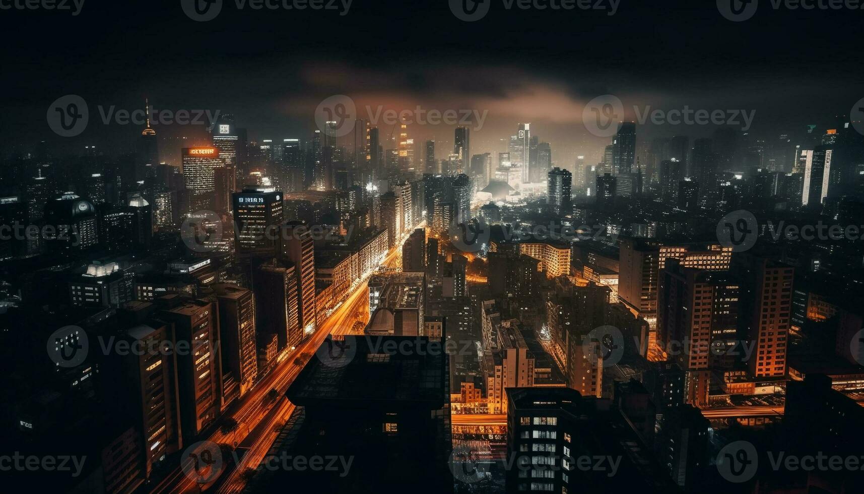 Glowing city skyline reflects business and nightlife generated by AI photo