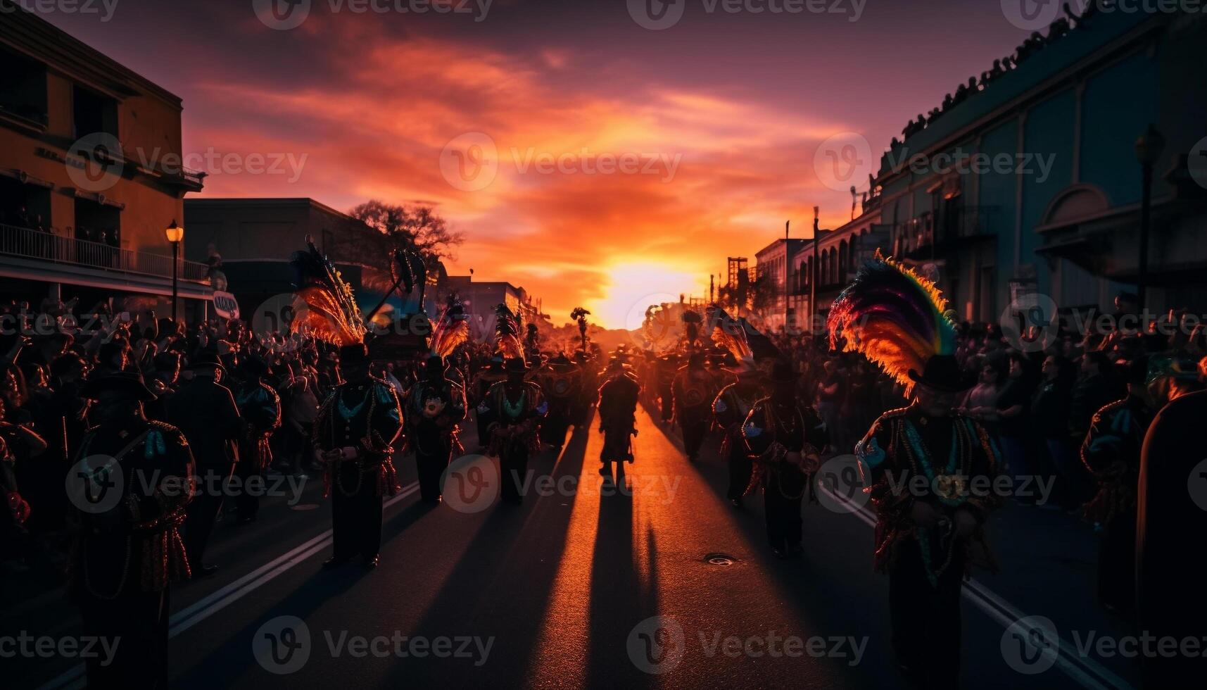 Crowds illuminated by back lit city street lights generated by AI photo