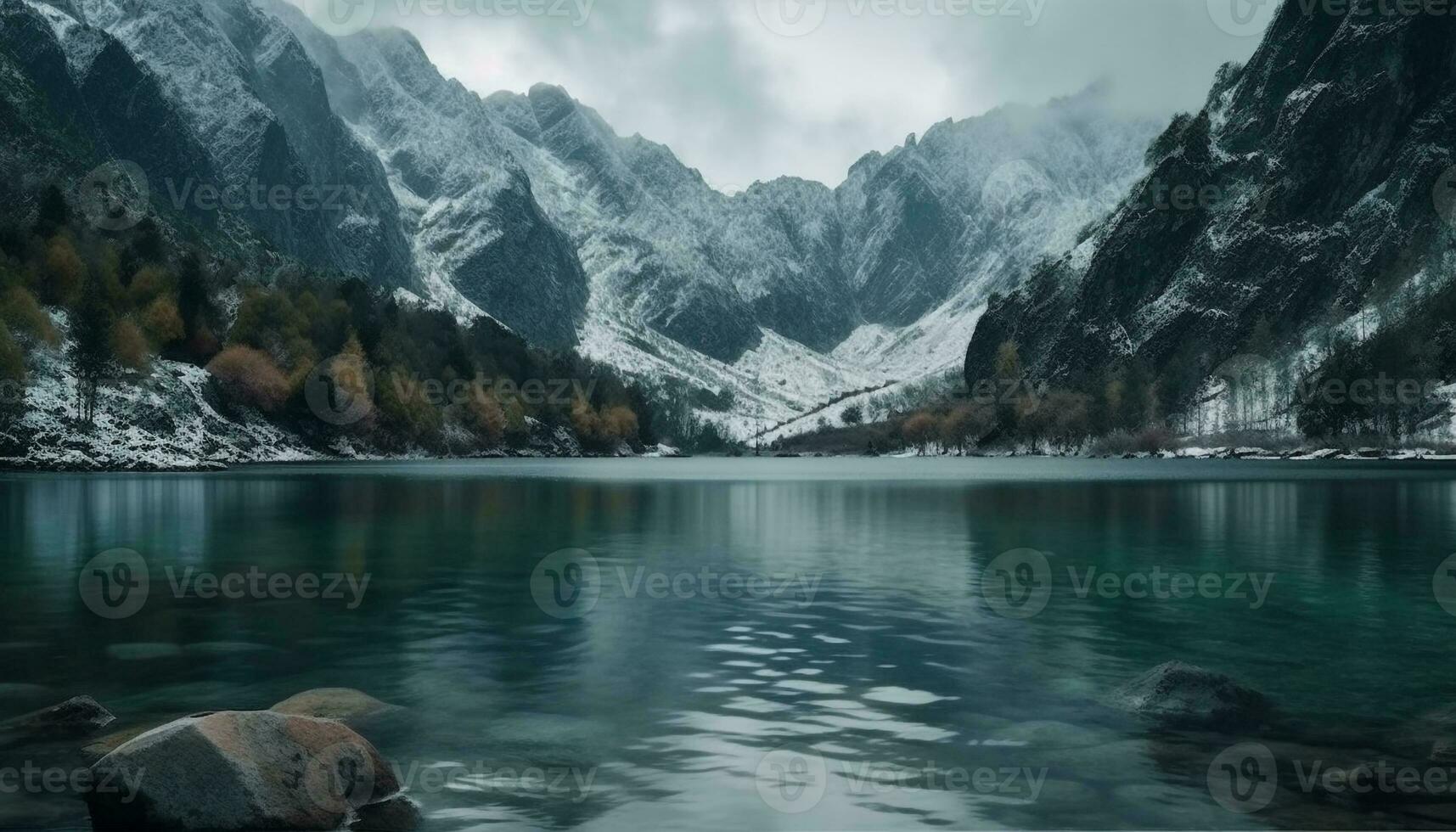 Majestic mountain peak reflected on tranquil water generated by AI photo