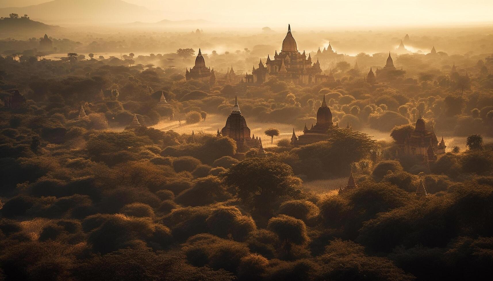 puesta de sol silueta de antiguo pagoda, espiritual viaje generado por ai foto