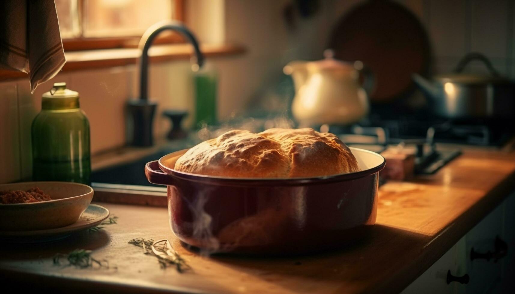 rústico hecho en casa un pan horneando en el horno generado por ai foto