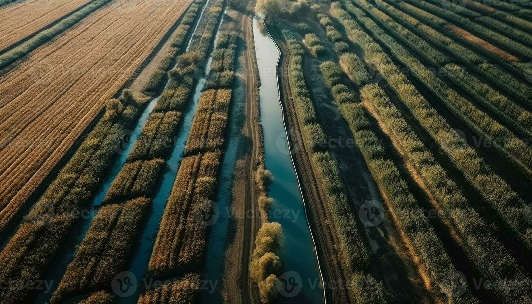 Aerial view shows tranquil autumn farm meadow generated by AI photo