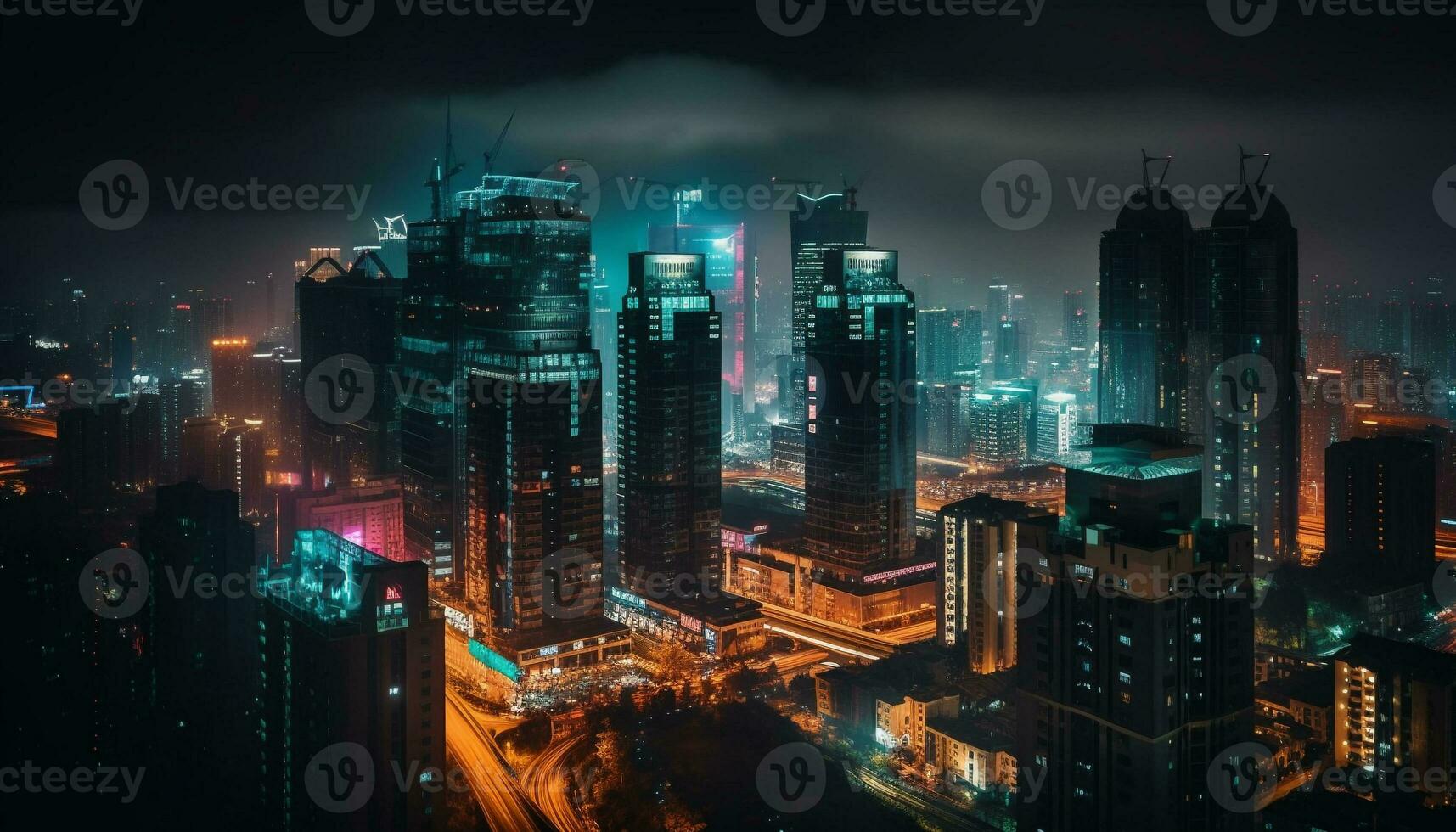Skyscrapers illuminate urban skyline amid blue twilight glow generated by AI photo