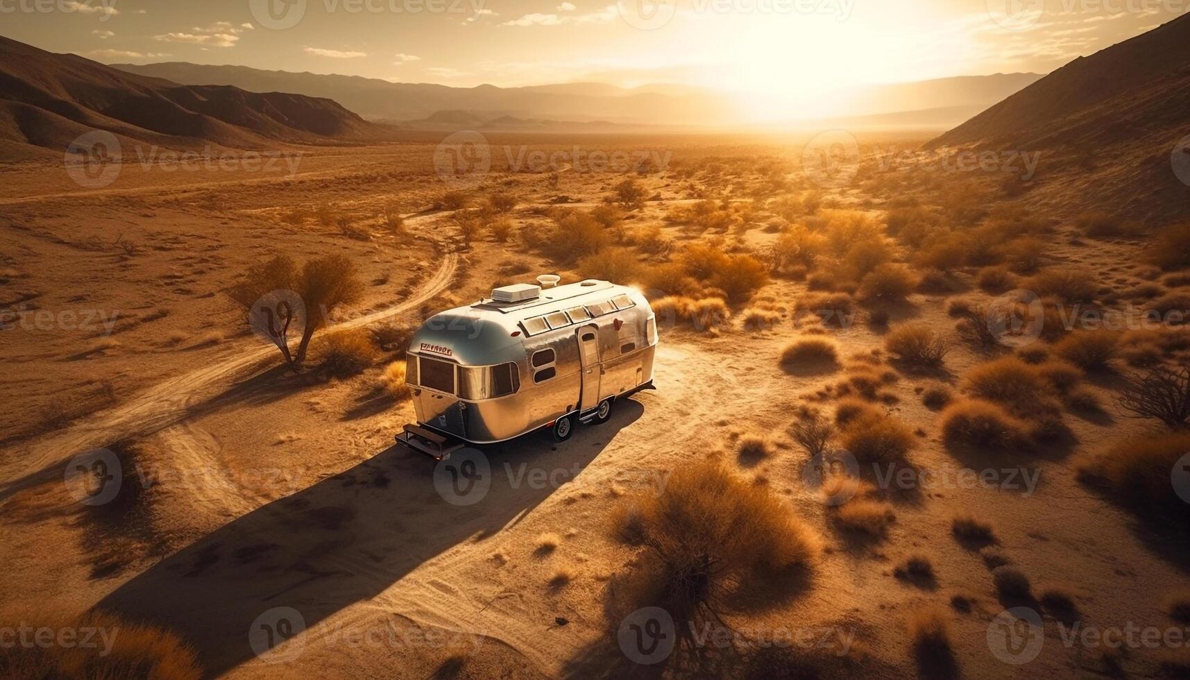 Yellow bus drives through mountain landscape at sunset generated by AI photo