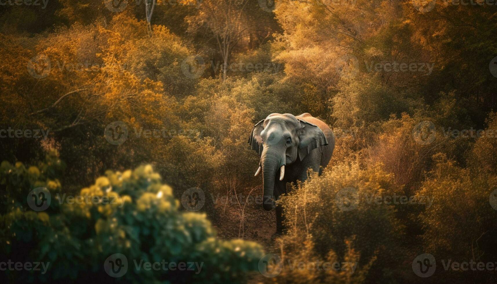 Grazing elephant in autumn forest, tusks shining generated by AI photo