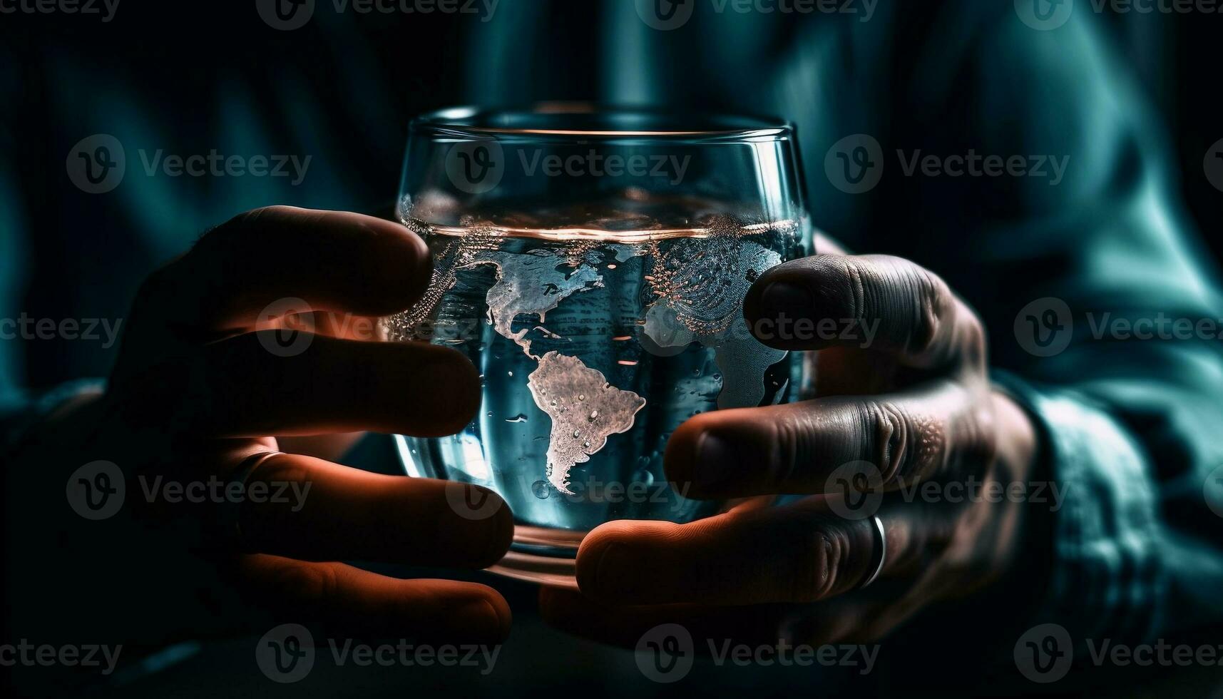 mano participación vaso, líquido reflejando mundo mapa generado por ai foto