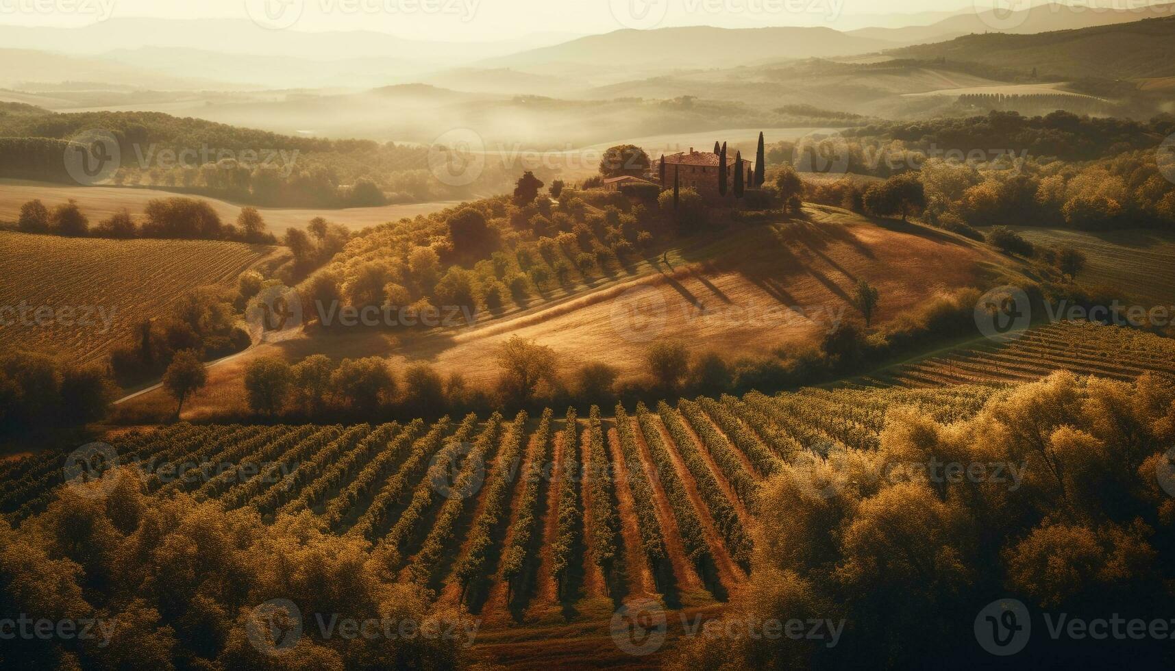 Rustic vineyard landscape at dawn in Chianti region generated by AI photo